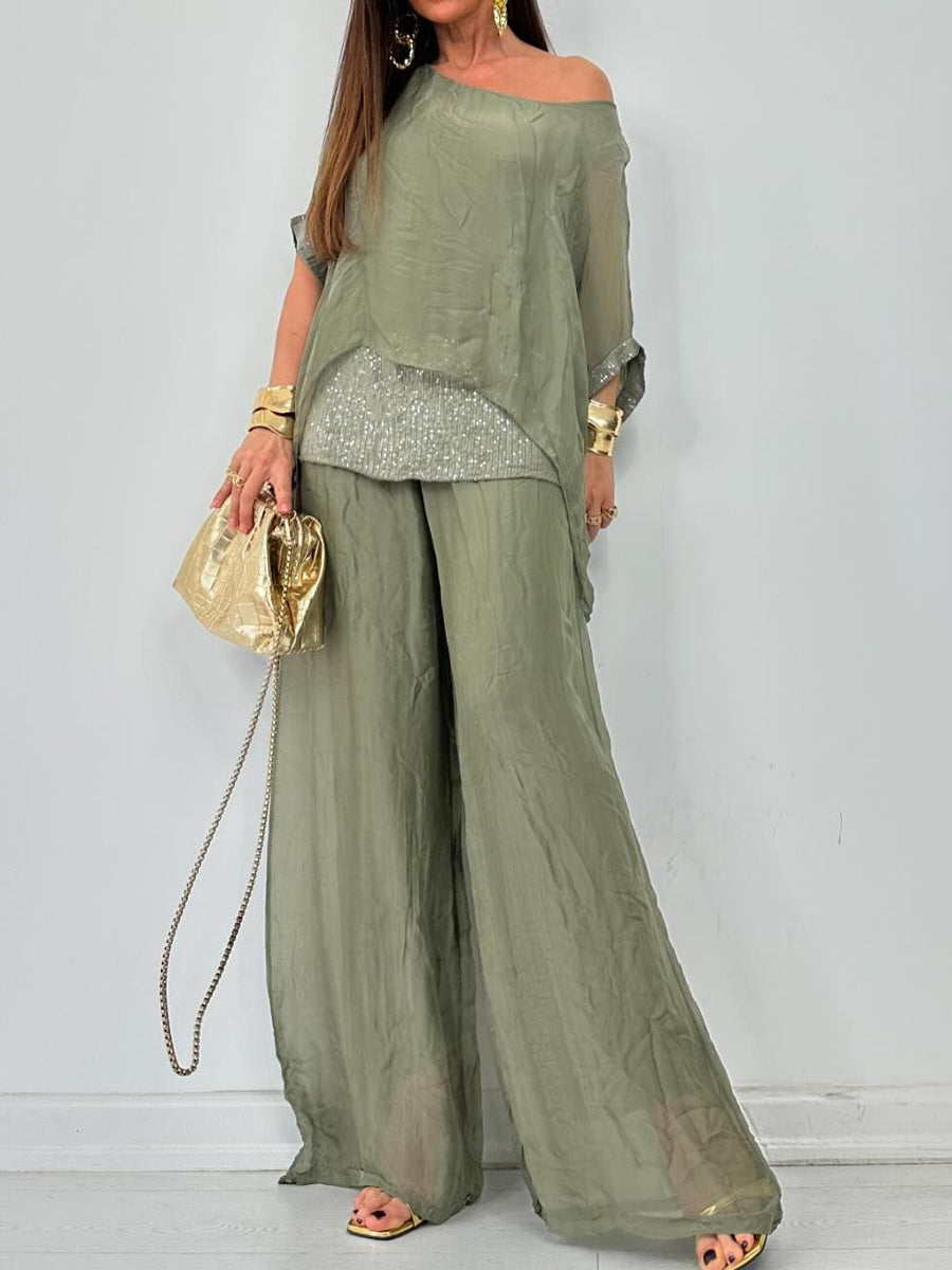 Dolman Sleeve Sequin Top Silk Pants Two Pieces Set