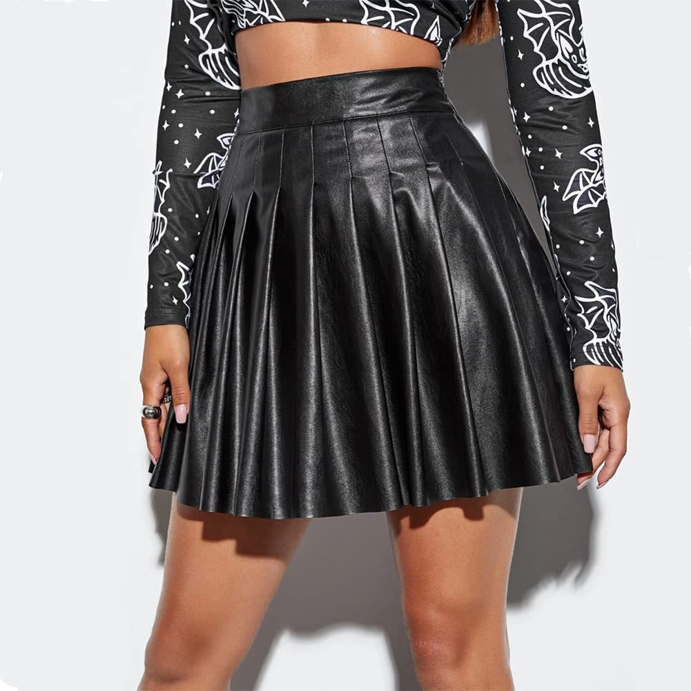 WOMSJIRT Women's Faux Leather Black Mini Skirt