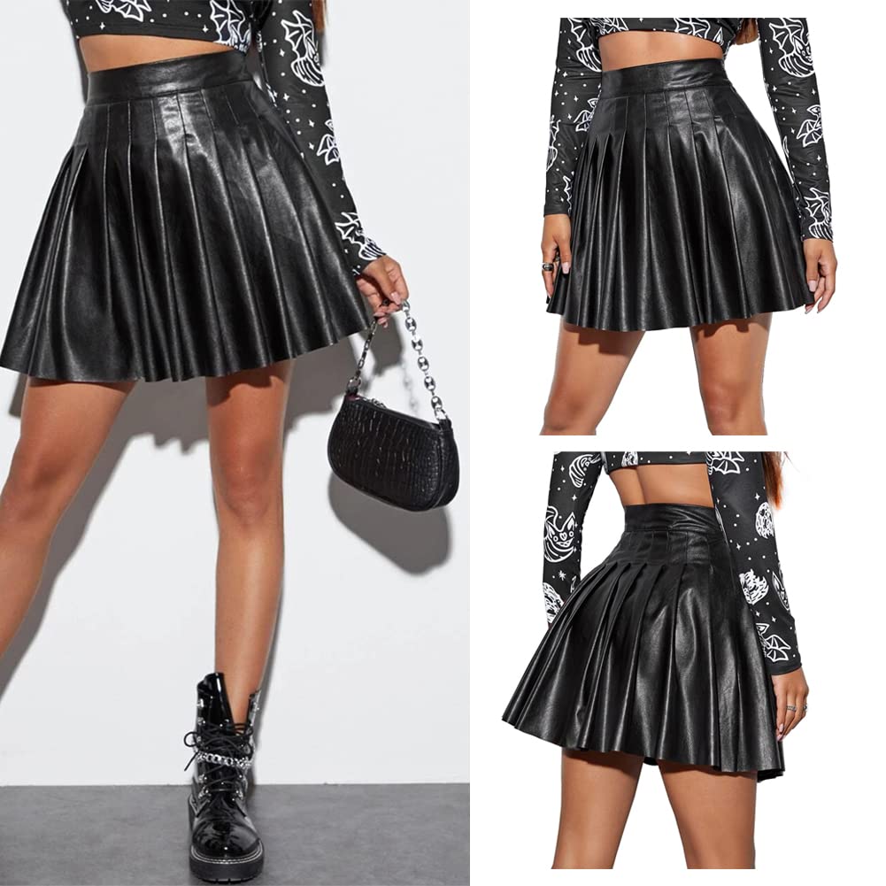 WOMSJIRT Women's Faux Leather Black Mini Skirt