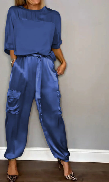 Smooth Satin Half-sleeved Top and Pant Suit Two Piece Set