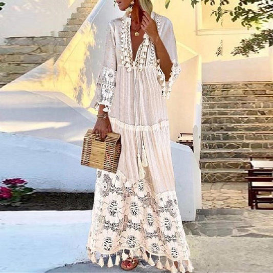 Lace Fringed Patchwork Beach Maxi Dress