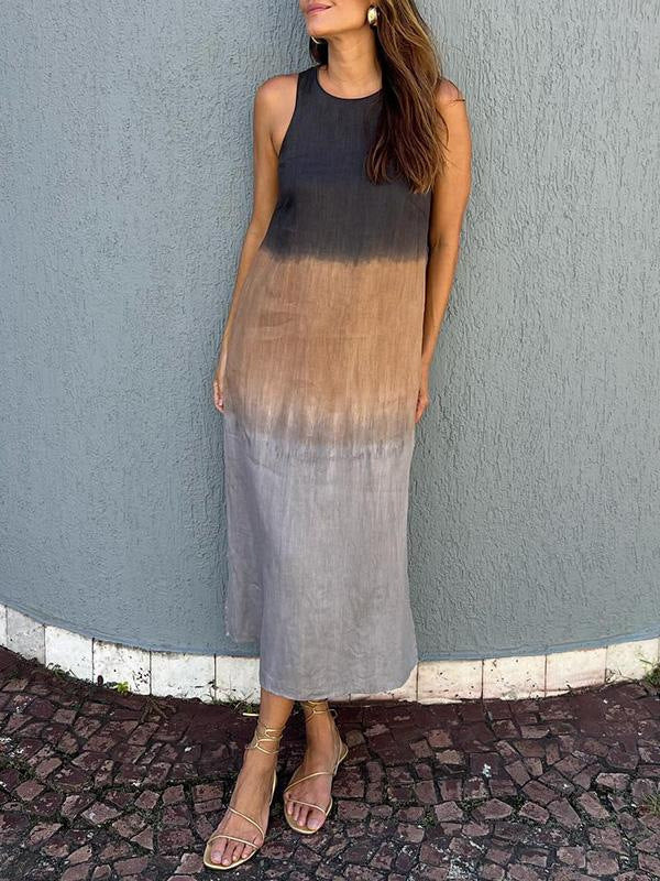 Cotton and linen sleeveless slit gradient dress