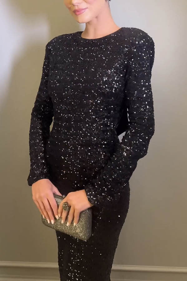 Sequined Backless Long Sleeve Midi Dress