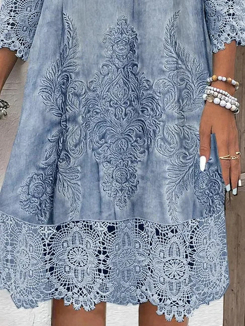 V-neck Graphic Lace Buttons Midi Dress