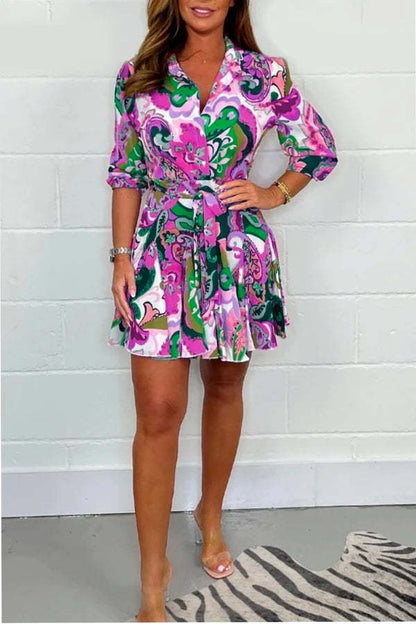 Casual Printed Shirt Collar Mini Dress