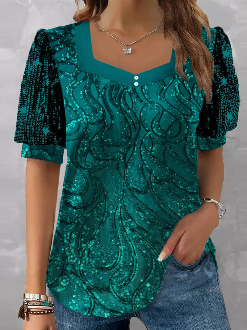 Short Sleeve V-neck Graphic Printed Sequins Stitching Top