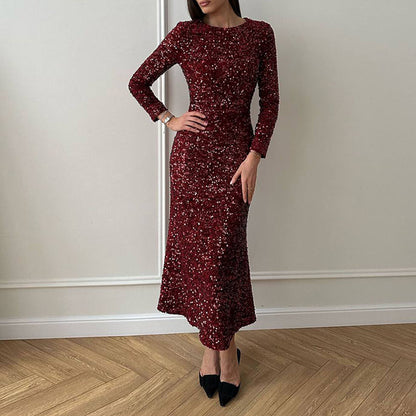 Sequin Decorated Long Sleeve Midi Dress