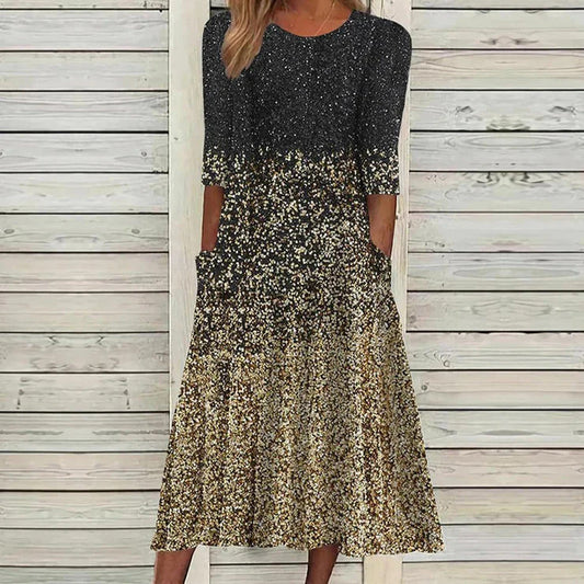 Gradient print mid-sleeve crew neck dress