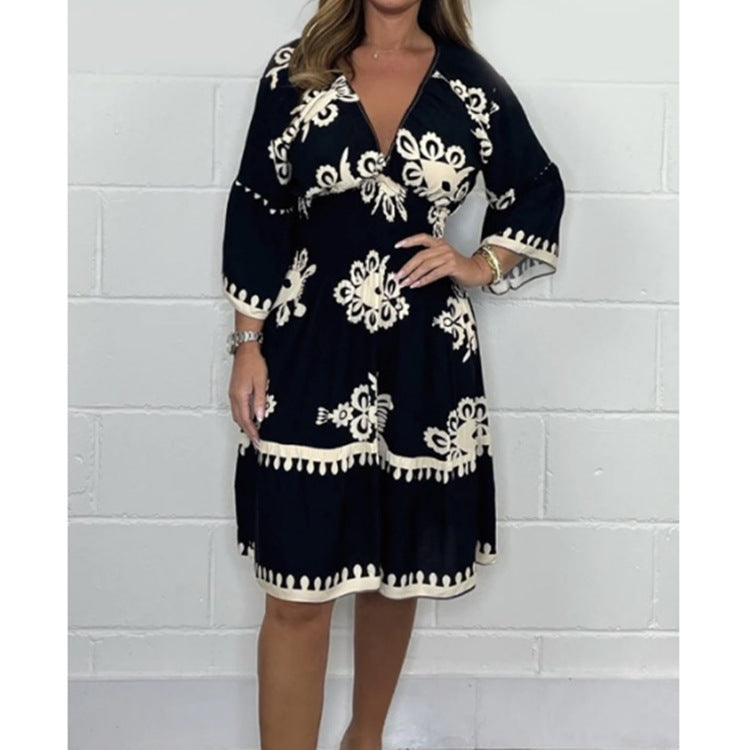 Irregular Printing V Neck Dress