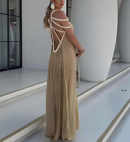 Modern And Sophisticated Linen Blend Draped Braids Cover Up Maxi Dress