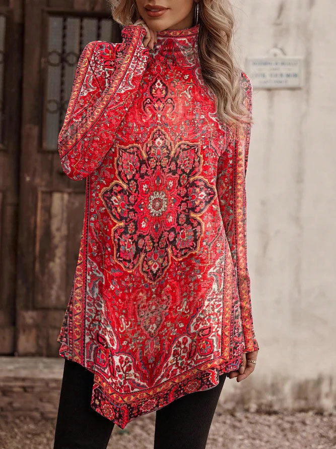 Retro Red Print High Neck Top