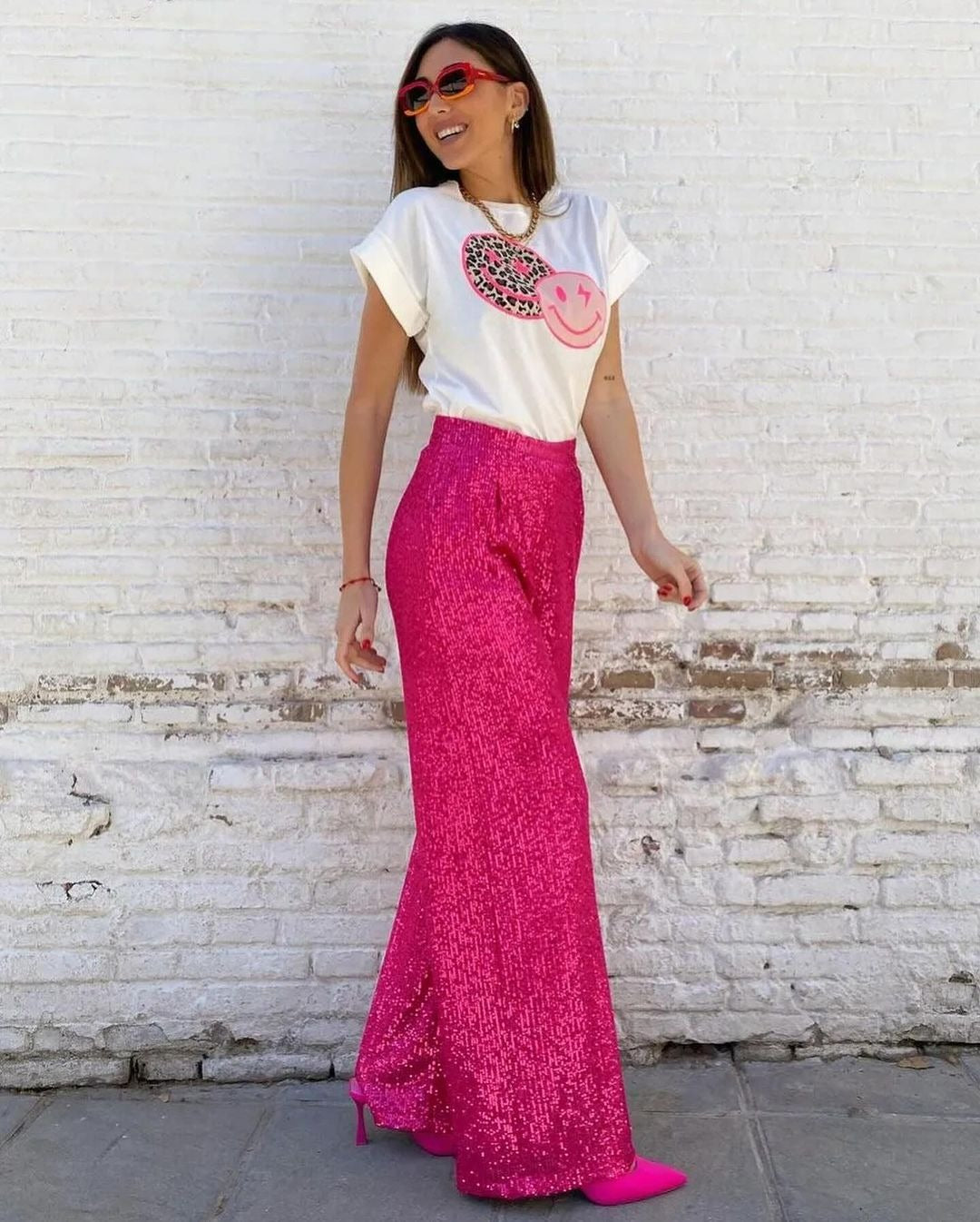 Sequined Casual Straight Pants