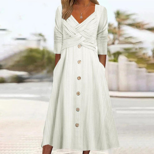 Long Sleeve V-neck Button Cross Design Midi Dress