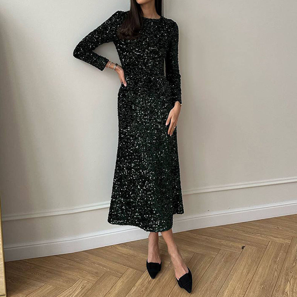 Sequin Decorated Long Sleeve Midi Dress