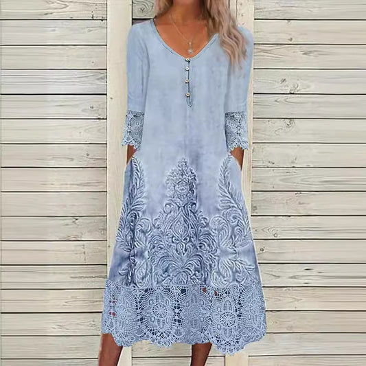 Blue Lace Patchwork Midi Dress