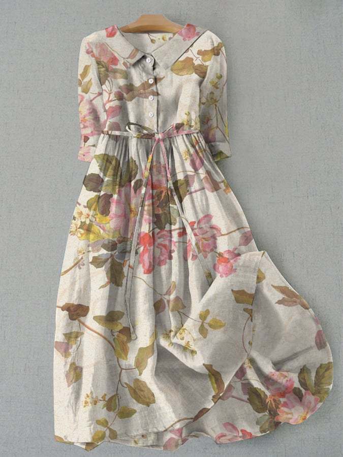 Vintage Botanical Floral Design Print Lace-Up Dress