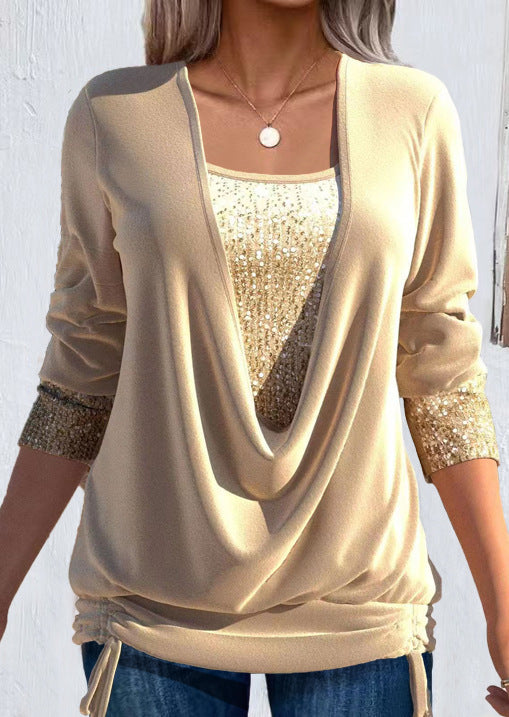 Sequins V-Neck Graphic Stitching Top