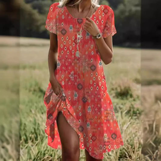 Red Short Sleeve Round Neck Midi Dress