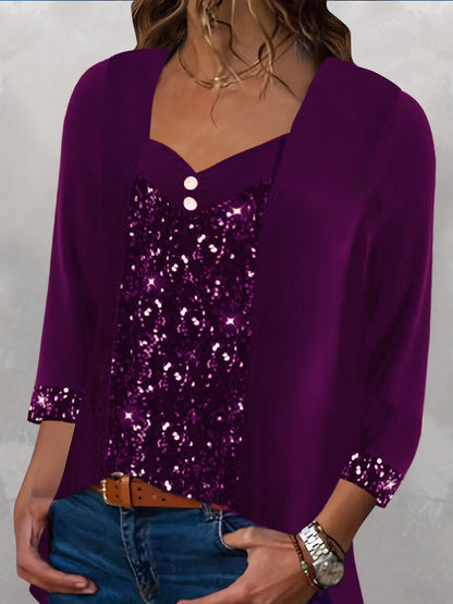 Sequined Patchwork Button Long Sleeve Top