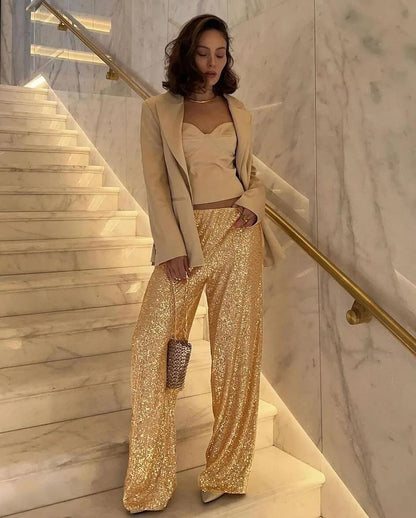 Sequined Casual Straight Pants