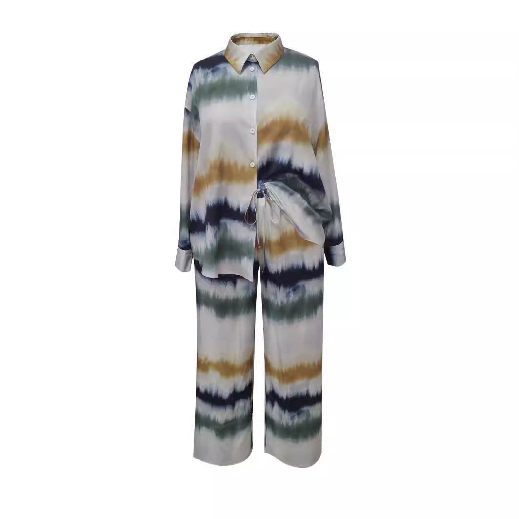 Tie-Dye Lapel Top Printed Trousers Two-Piece Set