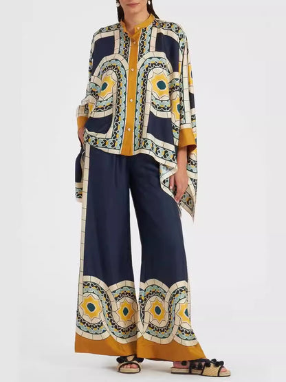 Foulard Geometric Print Silk Shirt and Pants Suit