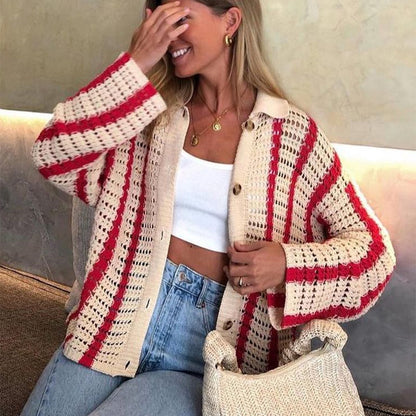 Striped Hollow Knitted Cardigan Suit