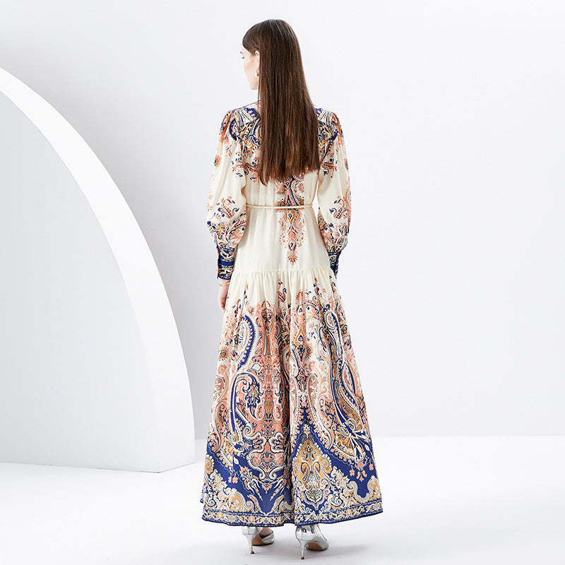 Stand Collar Buttoned Vintage Print Maxi Dress