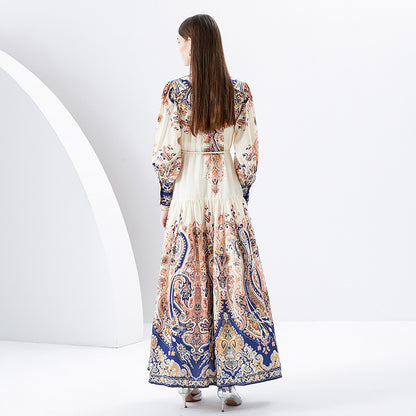 Stand Collar Buttoned Vintage Print Maxi Dress