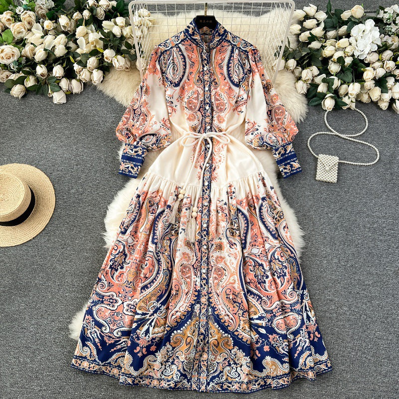 Stand Collar Buttoned Vintage Print Maxi Dress