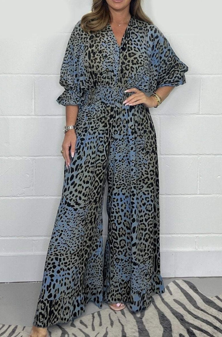 Leopard print casual loose jumpsuit