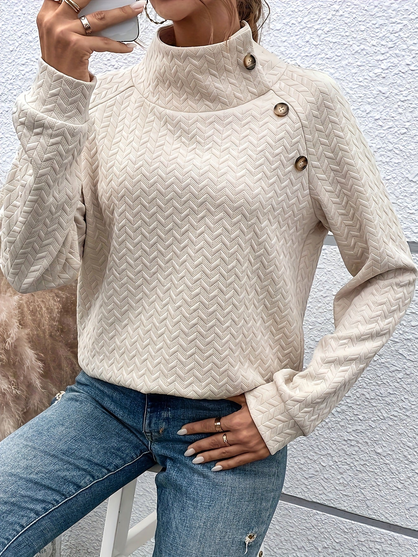 Turtleneck Casual Button Decoration Sweatshirt