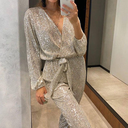 V-neck Long Sleeve Sequined Jumpsuit