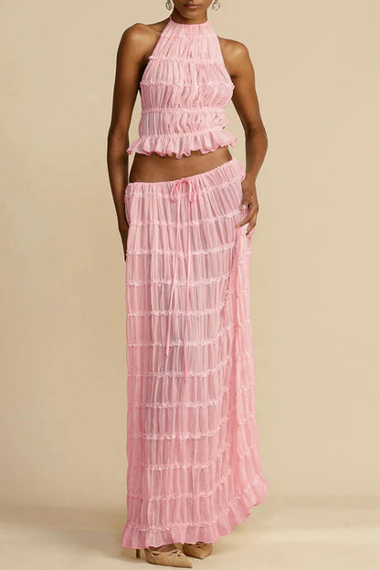 Versatility And Vintage Charm Pleated Drawstring Waist Tiered Maxi Skirt