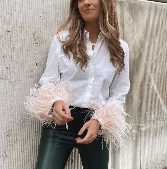 Comfy Shirt With Feather Cuffs