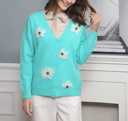 Long Sleeve Cardigan Embroidered V-Neck Knit Sweater