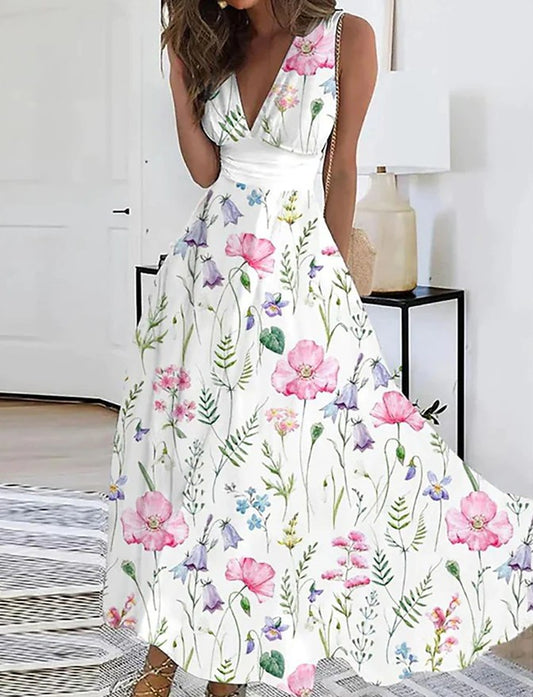 Sleeveless Floral V Neck Maxi Dress