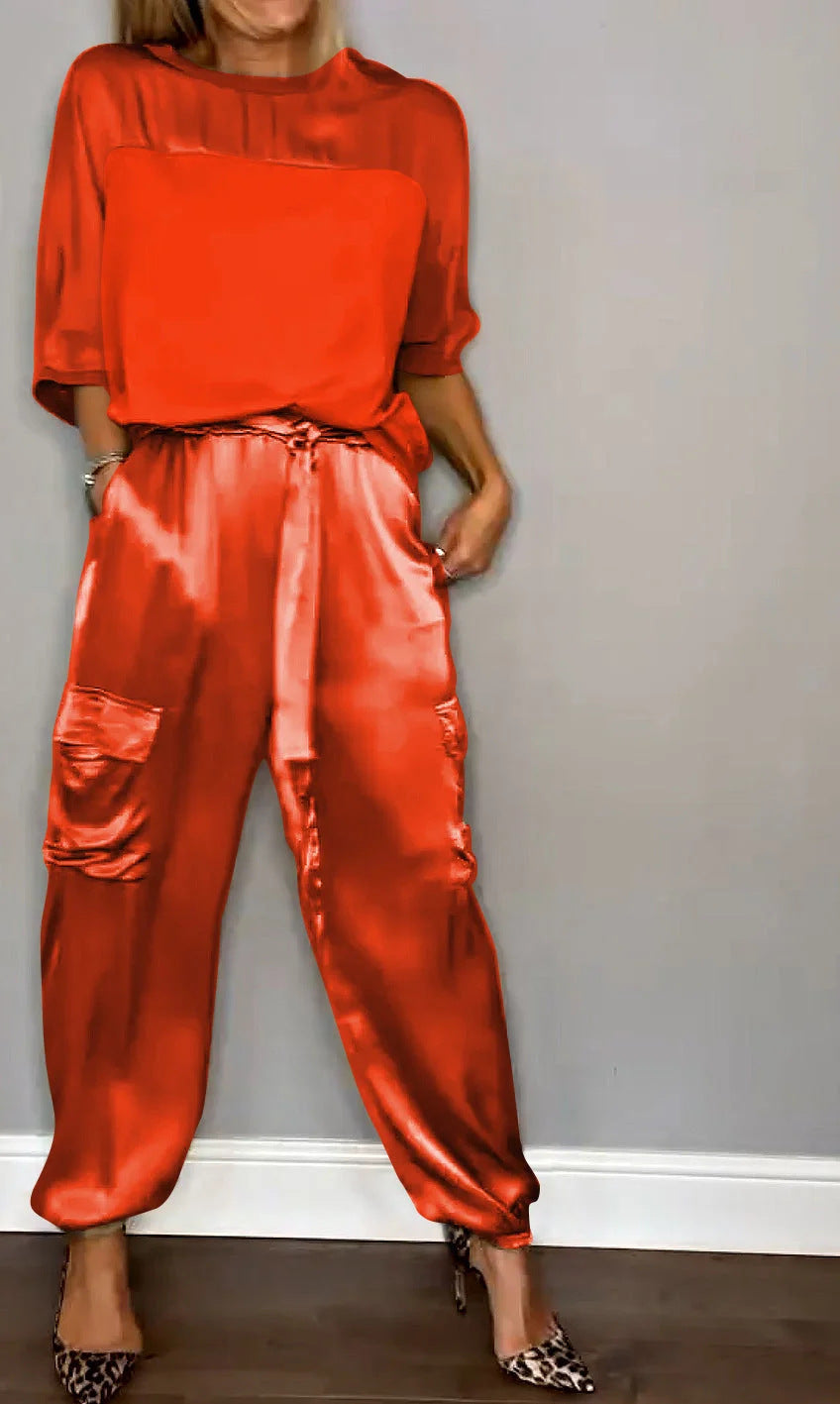 Smooth Satin Half-sleeved Top and Pant Suit Two Piece Set