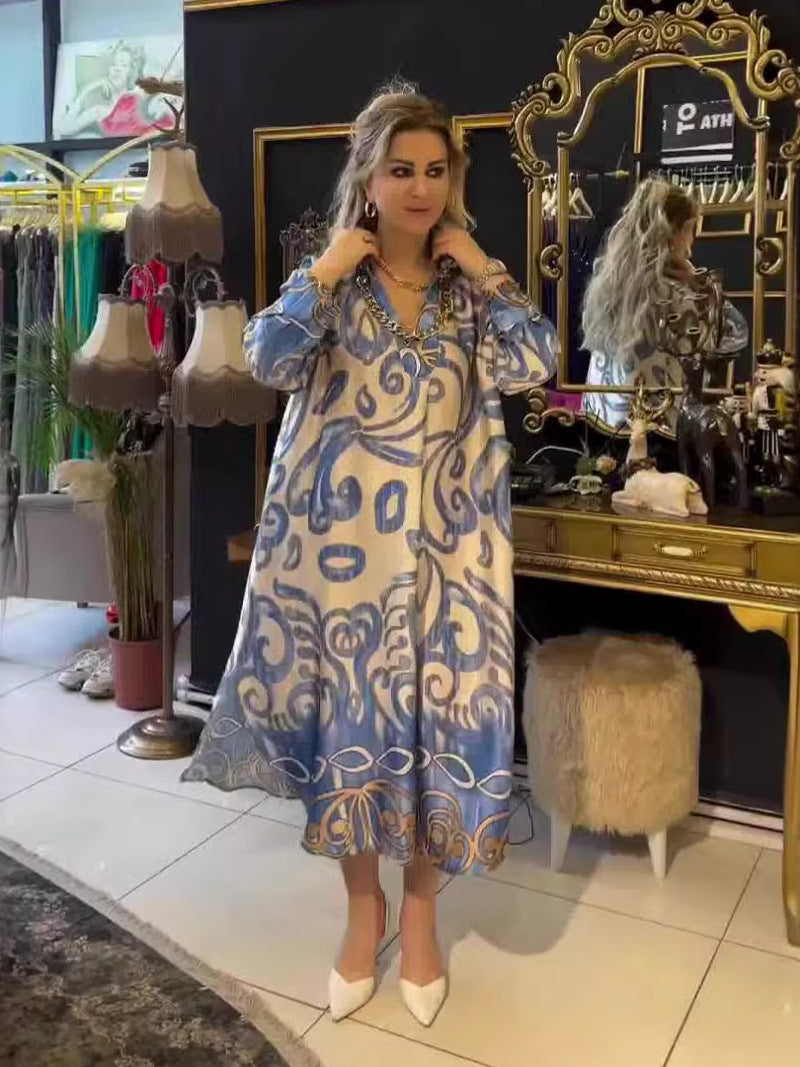 U-neck Printed Trumpet Sleeve Dress