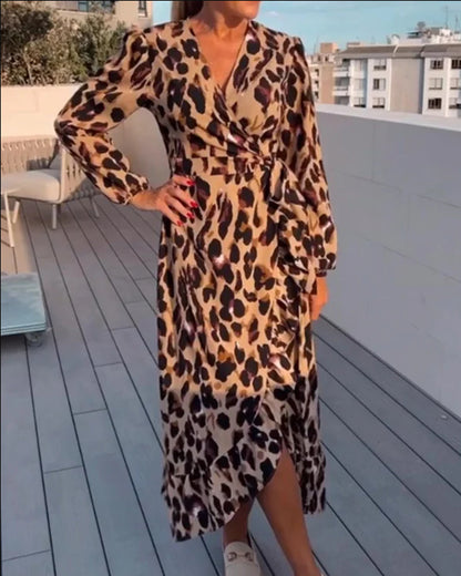 V-neck Leopard Long Sleeve Dress