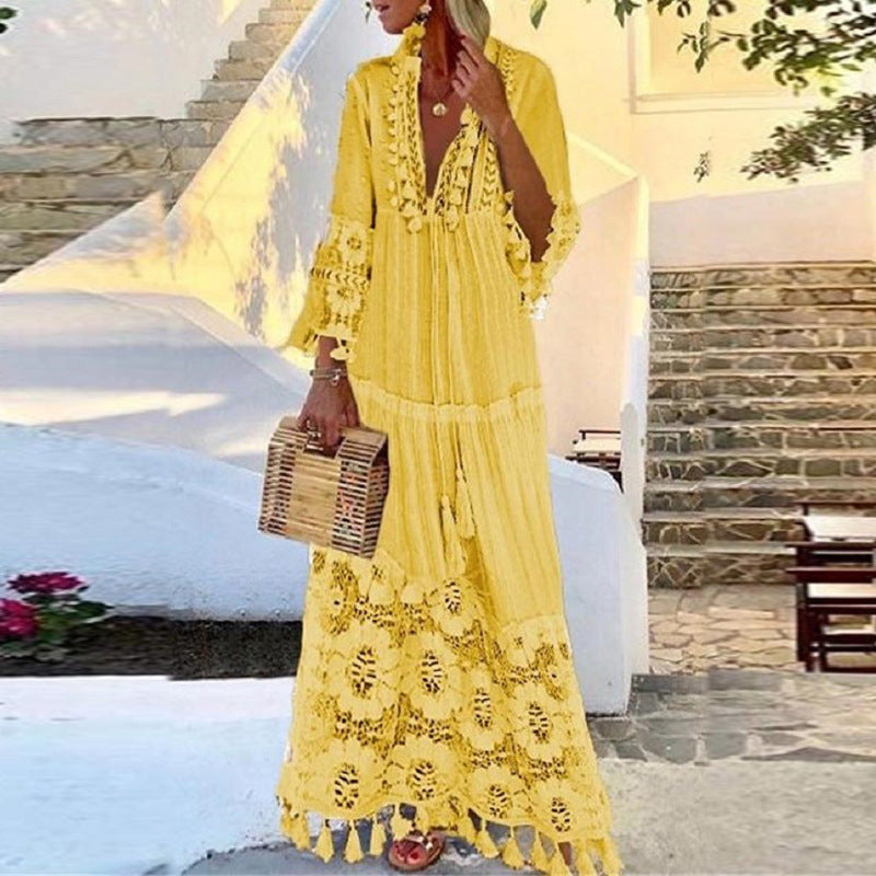 Lace Fringed Patchwork Beach Maxi Dress