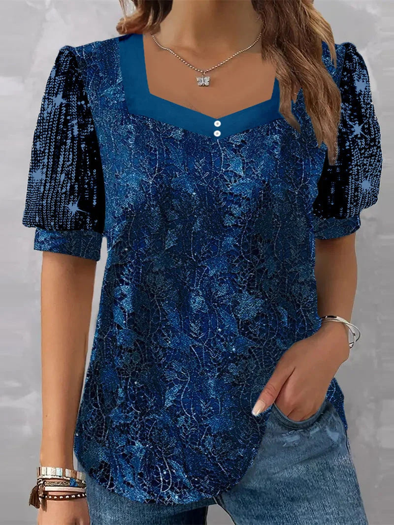 Short Sleeve V-neck Graphic Printed Sequins Stitching Top