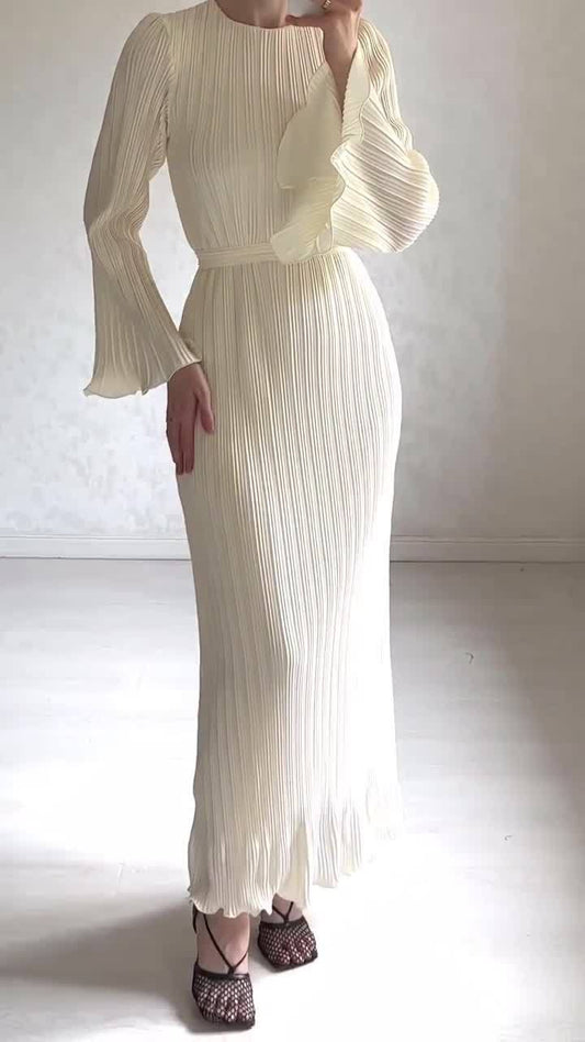 Elegant Pleated Trumpet Sleeve Midi Dress