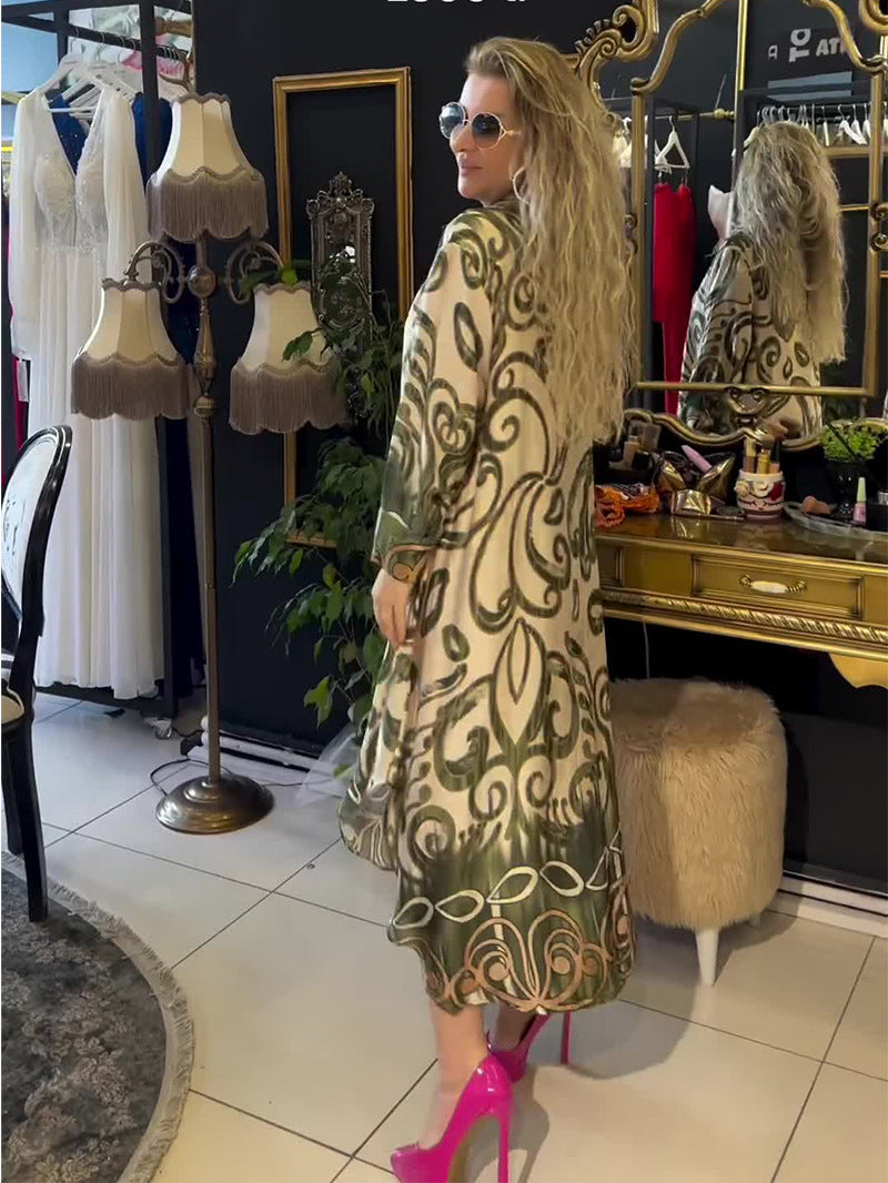 U-neck Printed Trumpet Sleeve Dress