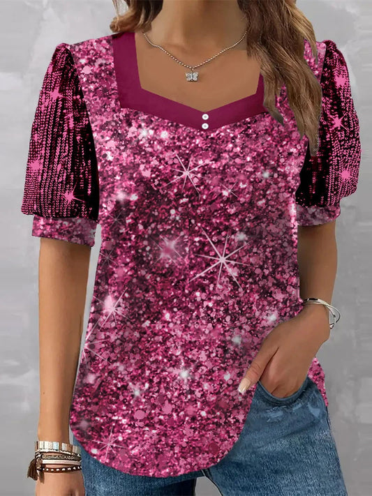 Short Sleeve V-neck Graphic Printed Sequins Stitching Top