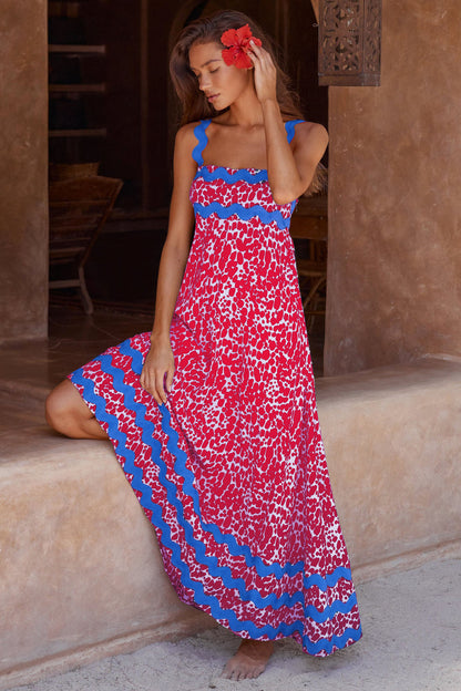 Strappy Printed Maxi Dress with Wavy Edge Detail