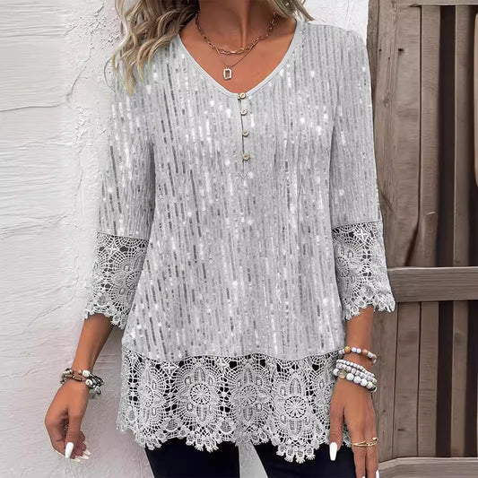 Hollow Lace Gray V-neck Top