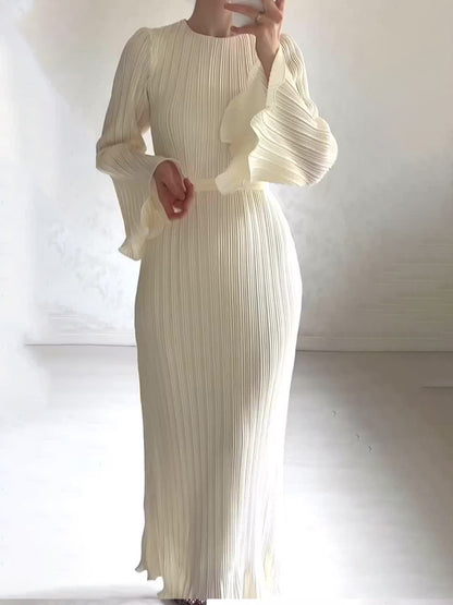 Elegant Pleated Trumpet Sleeve Midi Dress