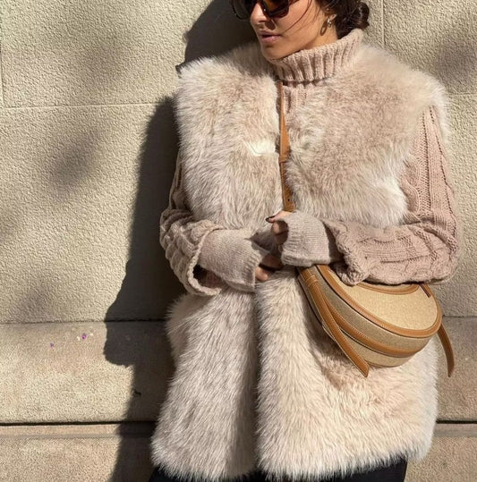 Faux Fur Vest Solid Color Coat