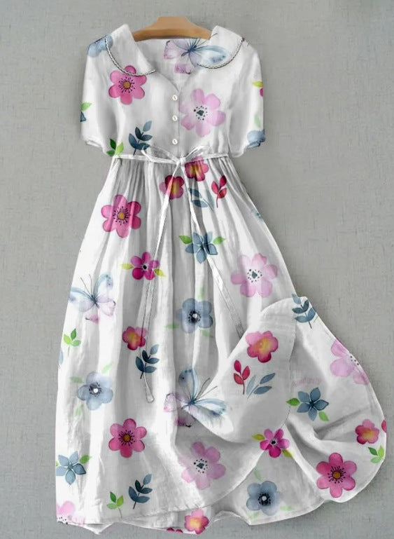 Vintage Botanical Floral Design Print Lace-Up Dress